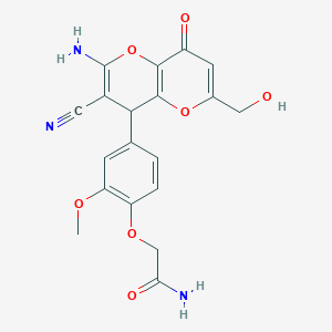 molecular formula C19H17N3O7 B460789 2-{4-[2-Amino-3-cyano-6-(hydroxymethyl)-8-oxo-4,8-dihydropyrano[3,2-b]pyran-4-yl]-2-methoxyphenoxy}acetamide 