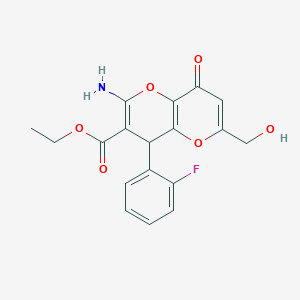 molecular formula C18H16FNO6 B460841 Ethyl 2-amino-4-(2-fluorophenyl)-6-(hydroxymethyl)-8-oxo-4,8-dihydropyrano[3,2-b]pyran-3-carboxylate CAS No. 825602-76-4