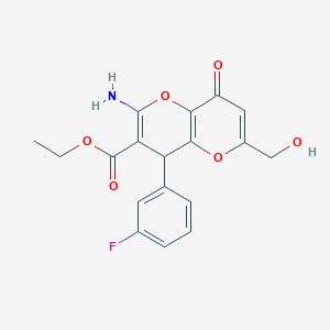 molecular formula C18H16FNO6 B460843 Ethyl 2-amino-4-(3-fluorophenyl)-6-(hydroxymethyl)-8-oxo-4,8-dihydropyrano[3,2-b]pyran-3-carboxylate CAS No. 825602-75-3