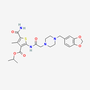 molecular formula C24H30N4O6S B4608676 isopropyl 5-(aminocarbonyl)-2-({[4-(1,3-benzodioxol-5-ylmethyl)-1-piperazinyl]acetyl}amino)-4-methyl-3-thiophenecarboxylate 