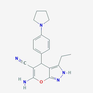 molecular formula C19H21N5O B460869 6-Amino-3-ethyl-4-[4-(1-pyrrolidinyl)phenyl]-2,4-dihydropyrano[2,3-c]pyrazole-5-carbonitrile 
