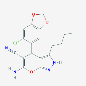 molecular formula C18H17ClN4O3 B460874 6-Amino-3-butyl-4-(6-chloro-1,3-benzodioxol-5-yl)-2,4-dihydropyrano[2,3-c]pyrazole-5-carbonitrile 