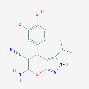 molecular formula C17H18N4O3 B460880 6-Amino-4-(4-hydroxy-3-methoxyphenyl)-3-isopropyl-2,4-dihydropyrano[2,3-c]pyrazole-5-carbonitrile 