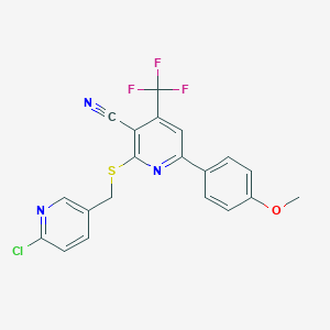 molecular formula C20H13ClF3N3OS B460882 2-{[(6-Chloro-3-pyridinyl)methyl]sulfanyl}-6-(4-methoxyphenyl)-4-(trifluoromethyl)nicotinonitrile CAS No. 664999-86-4