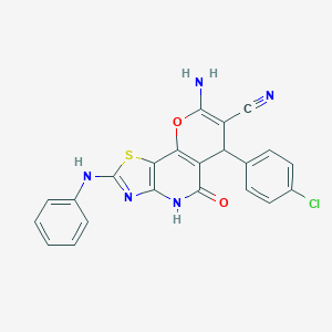 molecular formula C22H14ClN5O2S B460893 8-amino-2-anilino-6-(4-chlorophenyl)-5-oxo-4,6-dihydro-5H-pyrano[2,3-d][1,3]thiazolo[4,5-b]pyridine-7-carbonitrile 