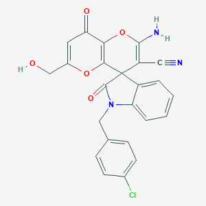 molecular formula C24H16ClN3O5 B460894 2'-Amino-1-[(4-chlorophenyl)methyl]-6'-(hydroxymethyl)-2,8'-dioxospiro[indole-3,4'-pyrano[3,2-b]pyran]-3'-carbonitrile CAS No. 674805-67-5