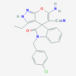 6-amino-1'-[(4-chlorophenyl)methyl]-3-ethyl-2'-oxospiro[2H-pyrano[2,3-c]pyrazole-4,3'-indole]-5-carbonitrile