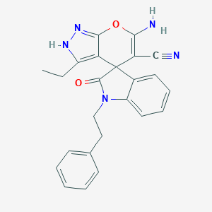molecular formula C24H21N5O2 B460901 6-Amino-3-ethyl-2'-oxo-1'-(2-phenylethyl)spiro[2H-pyrano[2,3-c]pyrazole-4,3'-indole]-5-carbonitrile CAS No. 674807-69-3