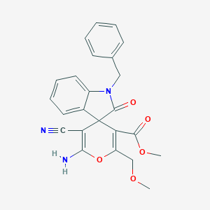 molecular formula C24H21N3O5 B460905 Methyl 6'-amino-1-benzyl-5'-cyano-2'-(methoxymethyl)-2-oxospiro[indole-3,4'-pyran]-3'-carboxylate 