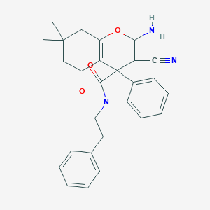 molecular formula C27H25N3O3 B460909 2-amino-3-cyano-7,7-dimethyl-5-oxo-1'-(2-phenylethyl)-1',3',5,6,7,8-hexahydrospiro[4H-chromene-4,3'-(2'H)-indole]-2'-one 