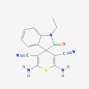 molecular formula C16H13N5OS B460913 2,6-diamino-3,5-dicyano-1'-ethyl-1',3'-dihydrospiro[4H-thiopyran-4,3'-(2'H)-indole]-2'-one 