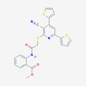 molecular formula C24H17N3O3S3 B460924 Methyl 2-[({[3-cyano-4,6-di(2-thienyl)-2-pyridinyl]sulfanyl}acetyl)amino]benzoate 