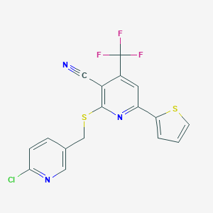 molecular formula C17H9ClF3N3S2 B460928 2-{[(6-Chloro-3-pyridinyl)methyl]sulfanyl}-6-(2-thienyl)-4-(trifluoromethyl)nicotinonitrile 