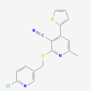 molecular formula C17H12ClN3S2 B460931 2-{[(6-Chloro-3-pyridinyl)methyl]sulfanyl}-6-methyl-4-(2-thienyl)nicotinonitrile 