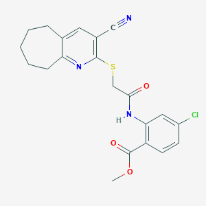 molecular formula C21H20ClN3O3S B460933 methyl 4-chloro-2-[[2-[(3-cyano-6,7,8,9-tetrahydro-5H-cyclohepta[b]pyridin-2-yl)sulfanyl]acetyl]amino]benzoate CAS No. 674800-41-0