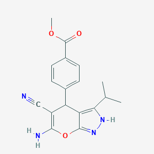 molecular formula C18H18N4O3 B460949 Methyl 4-(6-amino-5-cyano-3-isopropyl-2,4-dihydropyrano[2,3-c]pyrazol-4-yl)benzoate 