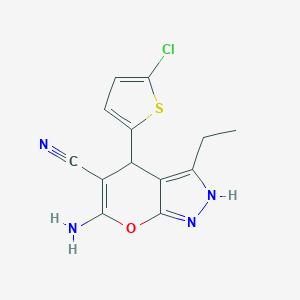 molecular formula C13H11ClN4OS B460952 6-Amino-4-(5-chloro-2-thienyl)-3-ethyl-2,4-dihydropyrano[2,3-c]pyrazole-5-carbonitrile 