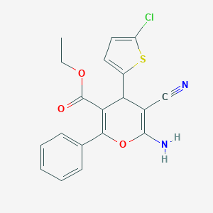 molecular formula C19H15ClN2O3S B460954 6-amino-4-(5-chloro-2-thiophenyl)-5-cyano-2-phenyl-4H-pyran-3-carboxylic acid ethyl ester 