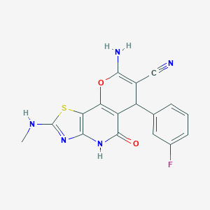 molecular formula C17H12FN5O2S B460963 8-amino-6-(3-fluorophenyl)-2-(methylamino)-5-oxo-4,6-dihydro-5H-pyrano[2,3-d][1,3]thiazolo[4,5-b]pyridine-7-carbonitrile CAS No. 665000-42-0