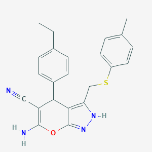 molecular formula C23H22N4OS B460976 6-Amino-4-(4-ethylphenyl)-3-{[(4-methylphenyl)sulfanyl]methyl}-2,4-dihydropyrano[2,3-c]pyrazole-5-carbonitrile 