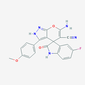 molecular formula C21H14FN5O3 B460983 6-amino-3-(4-methoxyphenyl)-2,4-dihydropyrano[2,3-c]pyrazole-5-carbonitrile-4-spiro-3'-(5'-fluoro-1',3'-dihydro-2'H-indol-2'-one) 