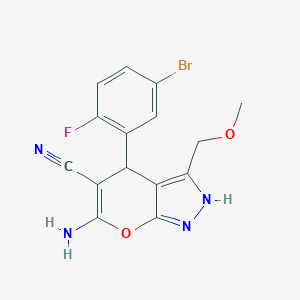 molecular formula C15H12BrFN4O2 B460985 6-Amino-4-(5-bromo-2-fluorophenyl)-3-(methoxymethyl)-2,4-dihydropyrano[2,3-c]pyrazole-5-carbonitrile 