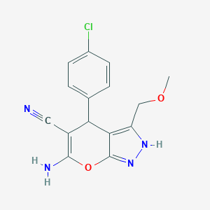 molecular formula C15H13ClN4O2 B460990 6-Amino-4-(4-chlorophenyl)-3-(methoxymethyl)-2,4-dihydropyrano[2,3-c]pyrazole-5-carbonitrile CAS No. 665000-63-5