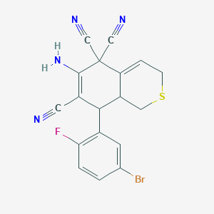 molecular formula C18H12BrFN4S B460991 6-amino-8-(5-bromo-2-fluorophenyl)-8,8a-dihydro-1H-isothiochromene-5,5,7(3H)-tricarbonitrile 