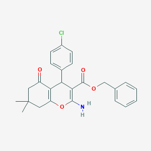 molecular formula C25H24ClNO4 B460993 benzyl 2-amino-4-(4-chlorophenyl)-7,7-dimethyl-5-oxo-5,6,7,8-tetrahydro-4H-chromene-3-carboxylate 