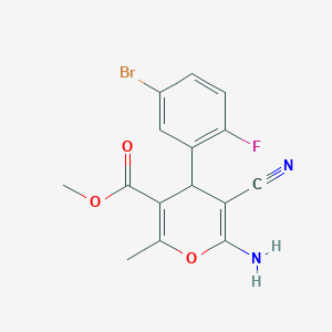 molecular formula C15H12BrFN2O3 B461002 methyl 6-amino-4-(5-bromo-2-fluorophenyl)-5-cyano-2-methyl-4H-pyran-3-carboxylate 