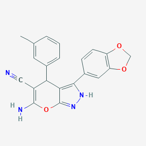 molecular formula C21H16N4O3 B461011 6-Amino-3-(1,3-benzodioxol-5-yl)-4-(3-methylphenyl)-2,4-dihydropyrano[2,3-c]pyrazole-5-carbonitrile 