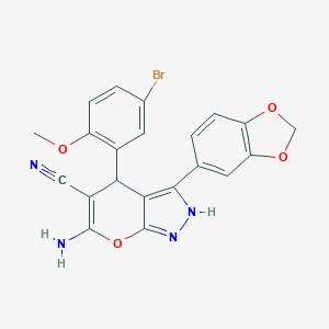 molecular formula C21H15BrN4O4 B461012 6-Amino-3-(1,3-benzodioxol-5-yl)-4-(5-bromo-2-methoxyphenyl)-2,4-dihydropyrano[2,3-c]pyrazole-5-carbonitrile 