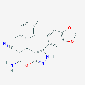 molecular formula C22H18N4O3 B461015 6-Amino-3-(1,3-benzodioxol-5-yl)-4-(2,5-dimethylphenyl)-2,4-dihydropyrano[2,3-c]pyrazole-5-carbonitrile 