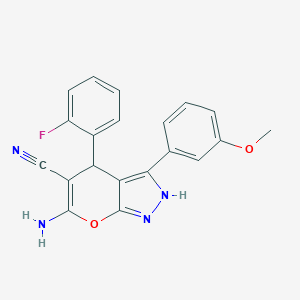 molecular formula C20H15FN4O2 B461017 6-Amino-4-(2-fluorophenyl)-3-(3-methoxyphenyl)-2,4-dihydropyrano[2,3-c]pyrazole-5-carbonitrile CAS No. 847269-43-6