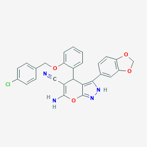 molecular formula C27H19ClN4O4 B461022 6-Amino-3-(1,3-benzodioxol-5-yl)-4-{2-[(4-chlorobenzyl)oxy]phenyl}-2,4-dihydropyrano[2,3-c]pyrazole-5-carbonitrile 