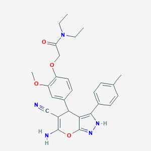 molecular formula C27H29N5O4 B461026 2-{4-[6-amino-5-cyano-3-(4-methylphenyl)-2,4-dihydropyrano[2,3-c]pyrazol-4-yl]-2-methoxyphenoxy}-N,N-diethylacetamide 