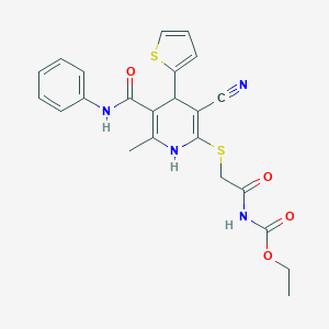 molecular formula C23H22N4O4S2 B461038 Ethyl {[5-(anilinocarbonyl)-3-cyano-6-methyl-4-(2-thienyl)-1,4-dihydro-2-pyridinyl]sulfanyl}acetylcarbamate 
