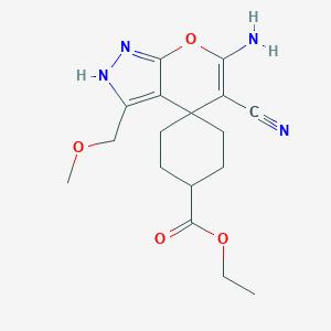 molecular formula C17H22N4O4 B461043 Ethyl 6'-amino-5'-cyano-3'-(methoxymethyl)-2',4'-dihydrospiro(cyclohexane-4,4'-pyrano[2,3-c]pyrazole)-1'-carboxylate 