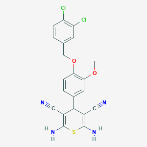 molecular formula C21H16Cl2N4O2S B461045 2,6-diamino-4-{4-[(3,4-dichlorobenzyl)oxy]-3-methoxyphenyl}-4H-thiopyran-3,5-dicarbonitrile 