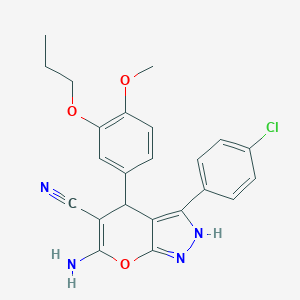 molecular formula C23H21ClN4O3 B461050 6-Amino-3-(4-chlorophenyl)-4-(4-methoxy-3-propoxyphenyl)-2,4-dihydropyrano[2,3-c]pyrazole-5-carbonitrile 