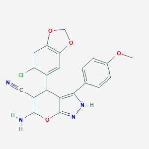 molecular formula C21H15ClN4O4 B461057 6-Amino-4-(6-chloro-1,3-benzodioxol-5-yl)-3-(4-methoxyphenyl)-2,4-dihydropyrano[2,3-c]pyrazole-5-carbonitrile 