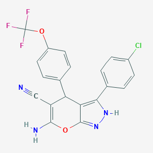 molecular formula C20H12ClF3N4O2 B461060 6-Amino-3-(4-chlorophenyl)-4-[4-(trifluoromethoxy)phenyl]-2,4-dihydropyrano[2,3-c]pyrazole-5-carbonitrile 