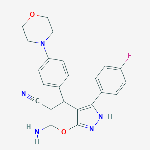 molecular formula C23H20FN5O2 B461066 6-Amino-3-(4-fluorophenyl)-4-[4-(4-morpholinyl)phenyl]-2,4-dihydropyrano[2,3-c]pyrazole-5-carbonitrile 