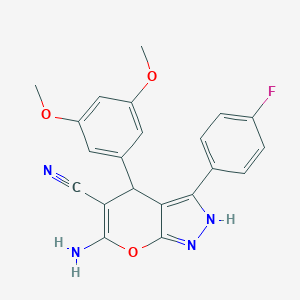 molecular formula C21H17FN4O3 B461067 6-Amino-4-(3,5-dimethoxyphenyl)-3-(4-fluorophenyl)-2,4-dihydropyrano[2,3-c]pyrazole-5-carbonitrile 