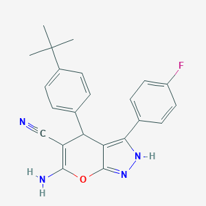 molecular formula C23H21FN4O B461070 6-Amino-4-(4-tert-butylphenyl)-3-(4-fluorophenyl)-2,4-dihydropyrano[2,3-c]pyrazole-5-carbonitrile 