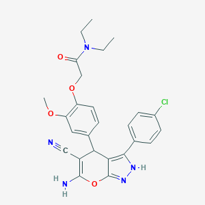 molecular formula C26H26ClN5O4 B461072 2-{4-[6-amino-3-(4-chlorophenyl)-5-cyano-2,4-dihydropyrano[2,3-c]pyrazol-4-yl]-2-methoxyphenoxy}-N,N-diethylacetamide 
