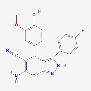 molecular formula C20H15FN4O3 B461073 6-Amino-3-(4-fluorophenyl)-4-(4-hydroxy-3-methoxyphenyl)-2,4-dihydropyrano[2,3-c]pyrazole-5-carbonitrile 