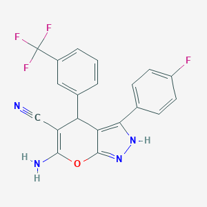 molecular formula C20H12F4N4O B461075 6-Amino-3-(4-fluorophenyl)-4-[3-(trifluoromethyl)phenyl]-2,4-dihydropyrano[2,3-c]pyrazole-5-carbonitrile 