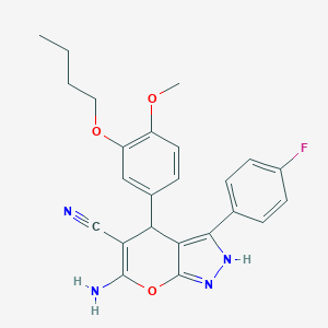 molecular formula C24H23FN4O3 B461076 6-Amino-4-(3-butoxy-4-methoxyphenyl)-3-(4-fluorophenyl)-2,4-dihydropyrano[2,3-c]pyrazole-5-carbonitrile 