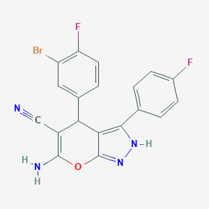 molecular formula C19H11BrF2N4O B461077 6-Amino-4-(3-bromo-4-fluorophenyl)-3-(4-fluorophenyl)-2,4-dihydropyrano[2,3-c]pyrazole-5-carbonitrile 